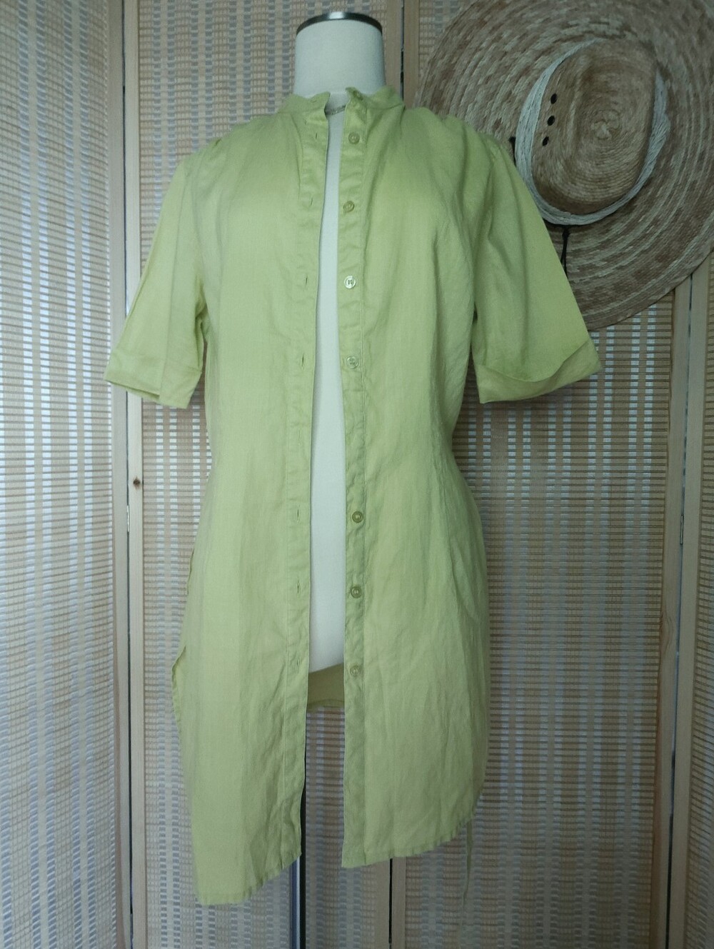Chartreuse Green Button-down Tie-waist tunic style shirt / shirtdress size S/M - Picture 5 of 9